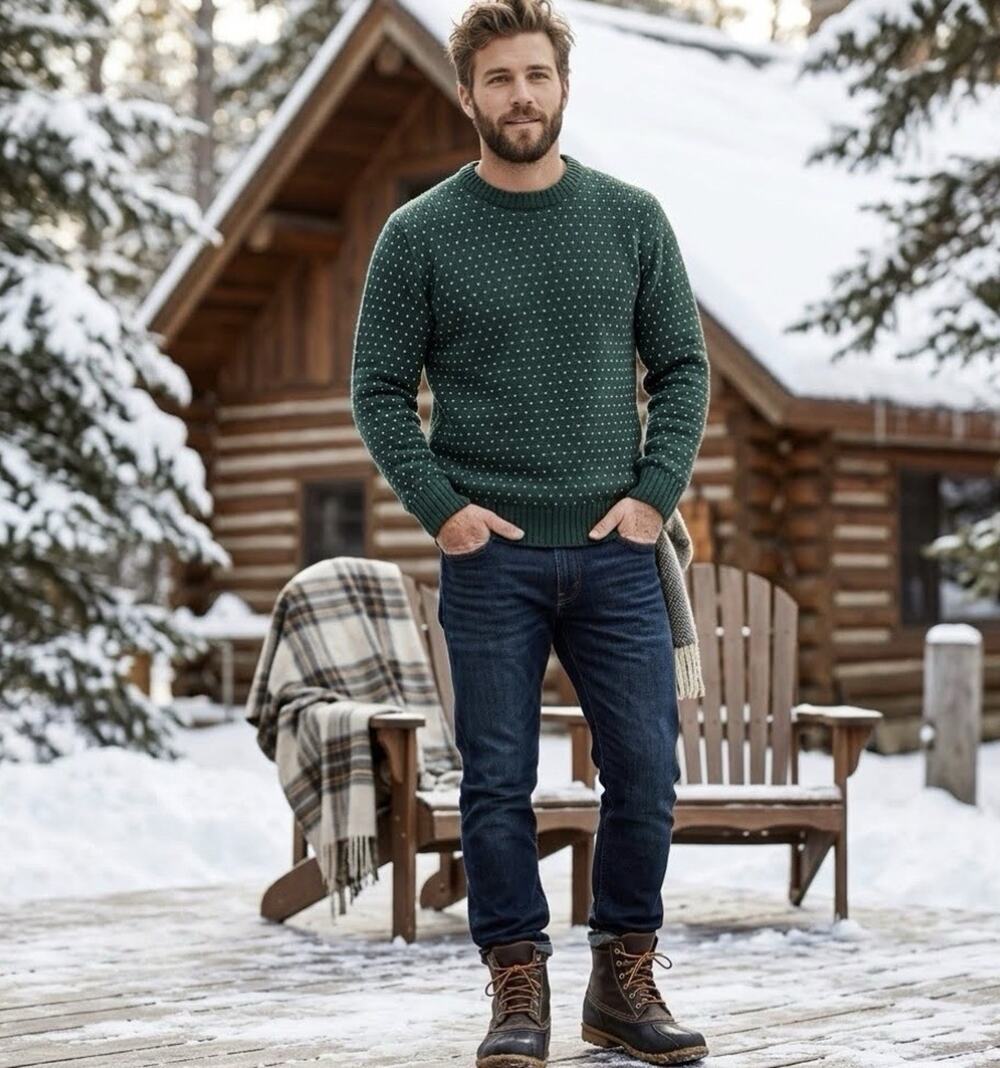 VTG Lands End Sweater Mens Size Large Green Birdseye Wool Chunky Granola